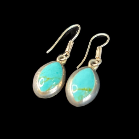 .925 Sterling Silver Turquoise Teardrop Dangle Earrings - Picture 4 of 8
